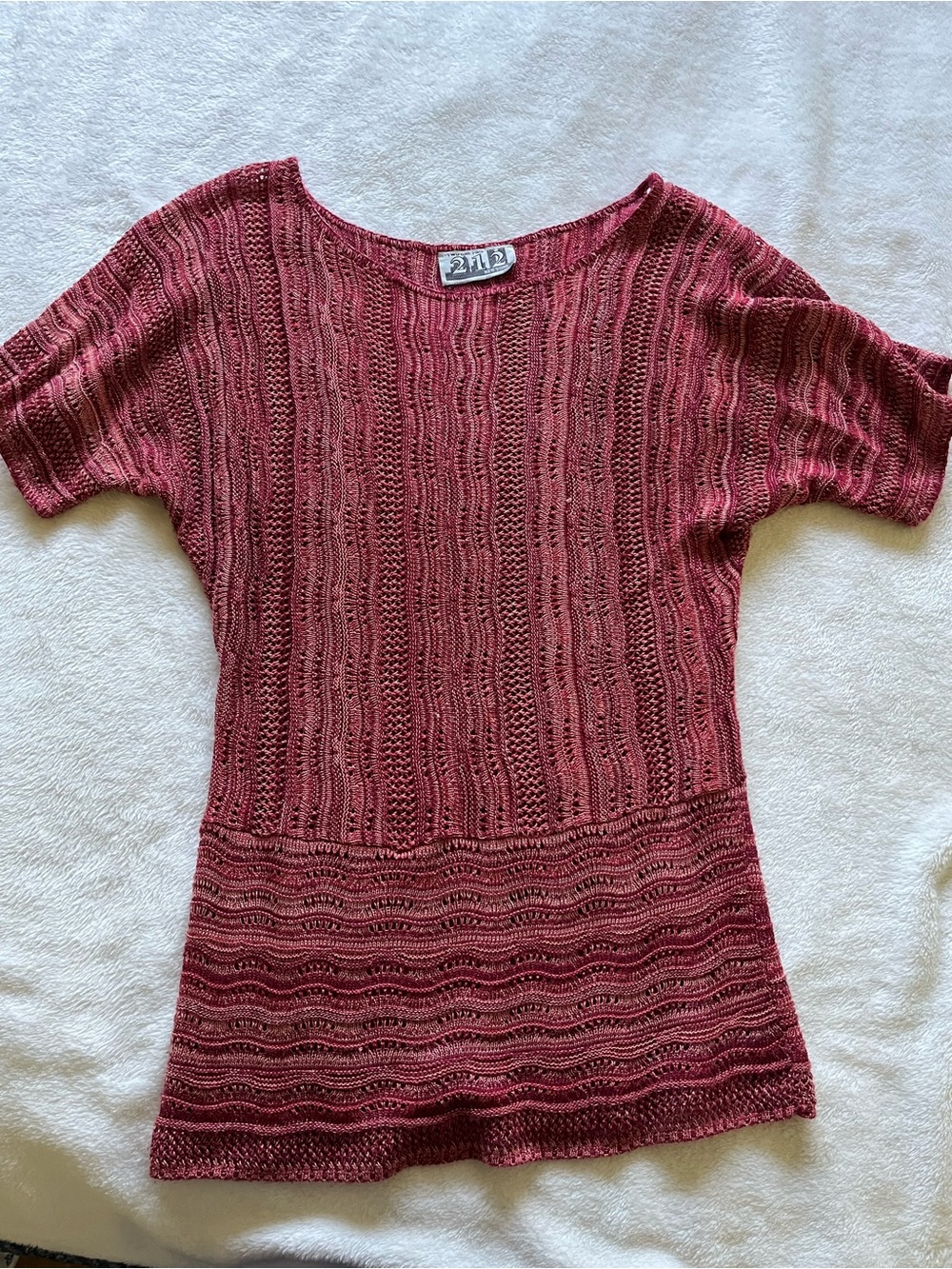 Open-Knit Short Sleeve Tunic in Berry Red by 212 Collection